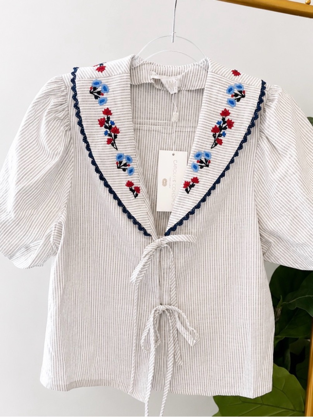Caroline Constas Embroidered Striped Puff Sleeve Tie Front Top – NWT – Size M - Picture 3 of 4